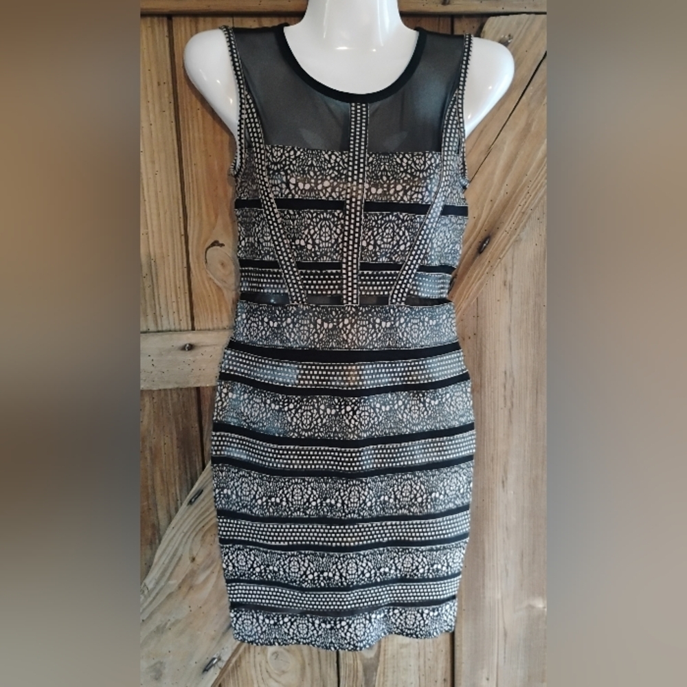 Poly USA Bodycon Dress Women Sz S Sheer Thick Beige Black Party